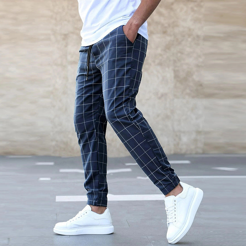 Luxio Fashion Men’s Plaid Drawstring Pants – Straight Cotton Trousers