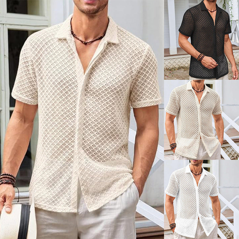 Luxio Fashion Men’s Summer Mesh Lapel Shirt – Short Sleeve Casual Top
