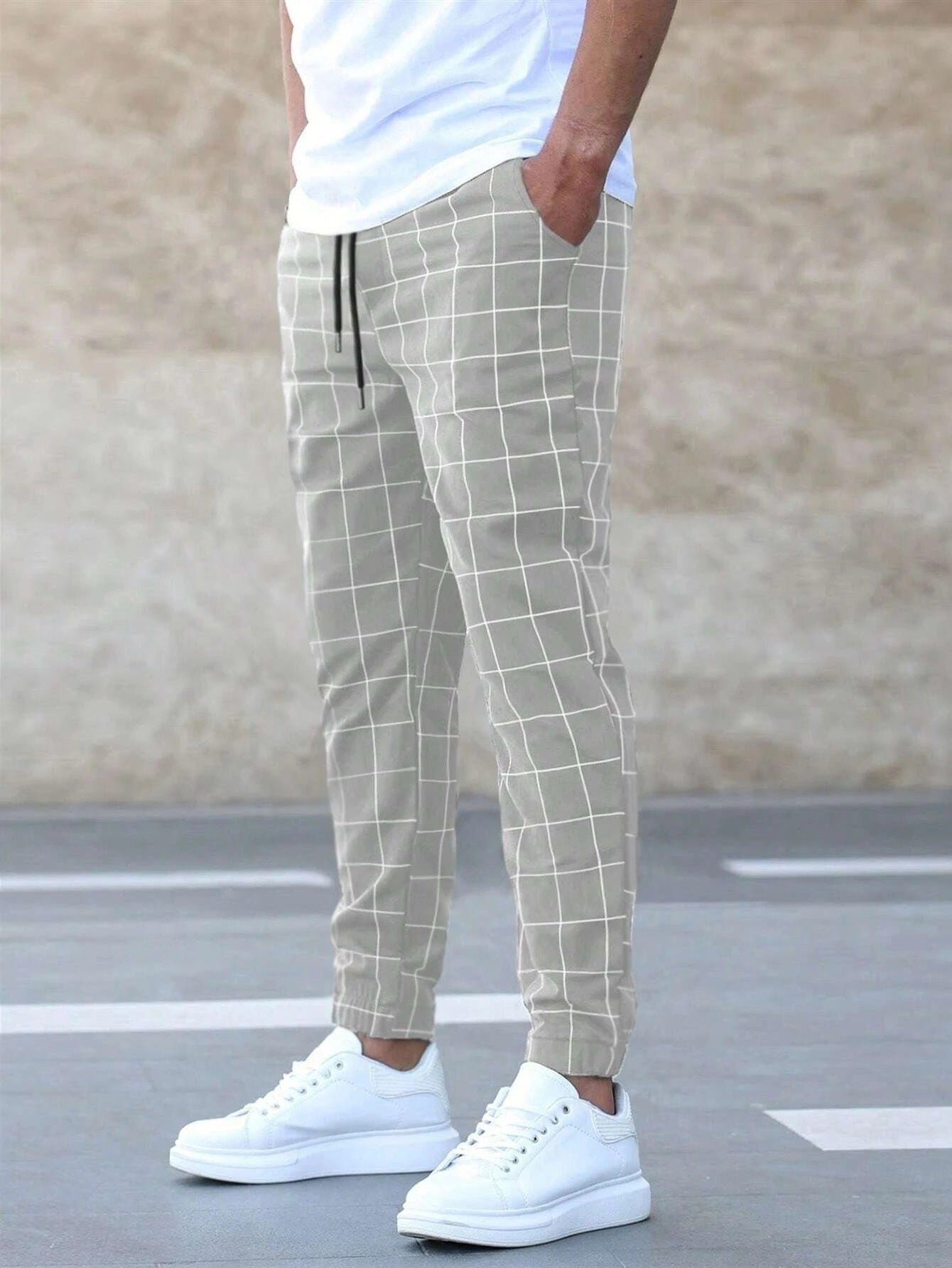 Luxio Fashion Men’s Plaid Drawstring Pants – Straight Cotton Trousers