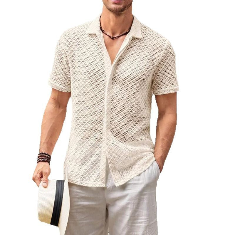 Luxio Fashion Men’s Summer Mesh Lapel Shirt – Short Sleeve Casual Top