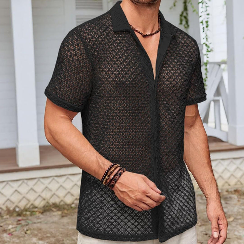 Luxio Fashion Men’s Summer Mesh Lapel Shirt – Short Sleeve Casual Top