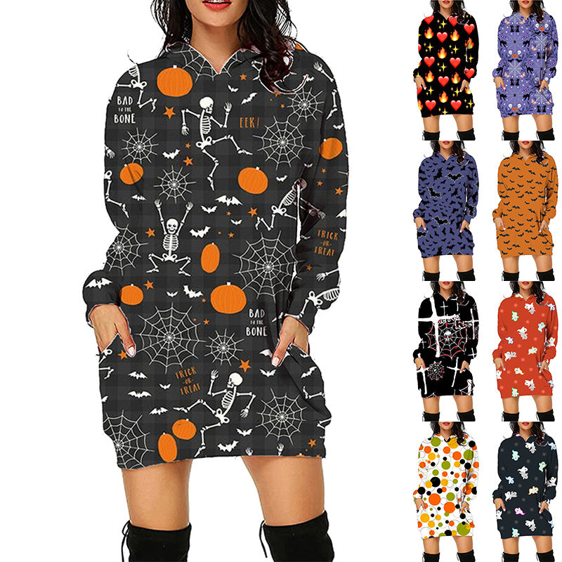 Luxio Fashion Women’s Halloween Print Long Hoodie – Casual Pocket Sweater
