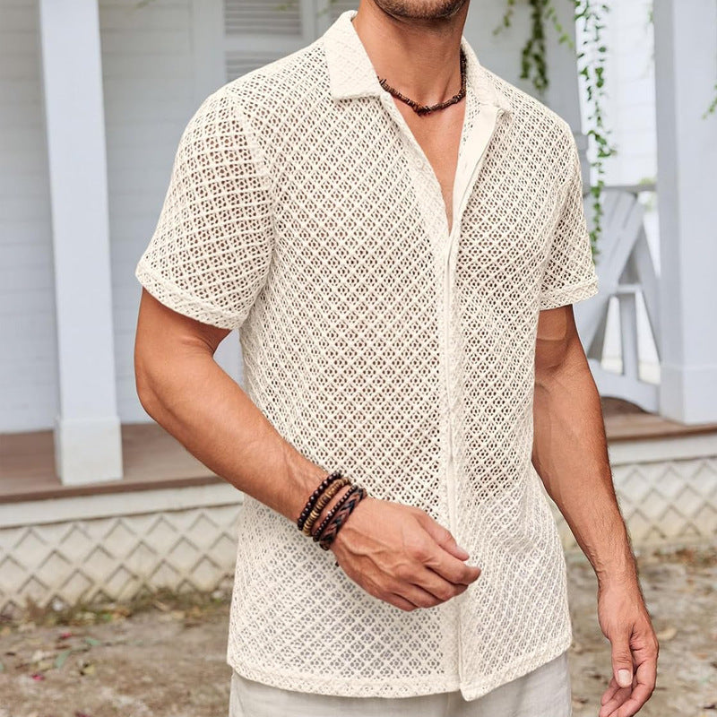 Luxio Fashion Men’s Summer Mesh Lapel Shirt – Short Sleeve Casual Top